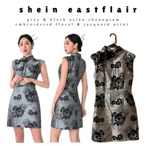 🏷️🆕🎉 gray &black floral embroidery jacquard print ribbon cheongsam mini dress